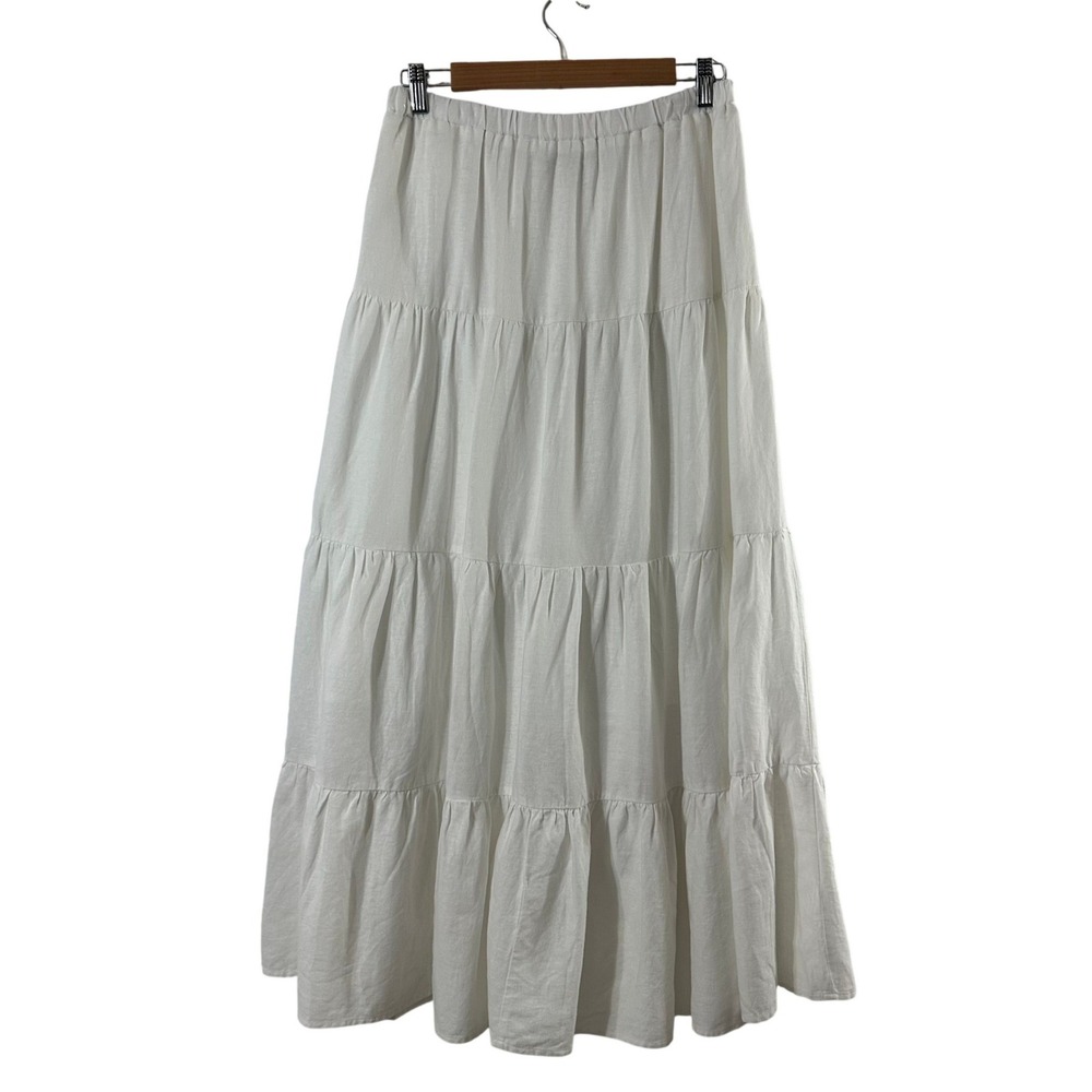 Laura Ashley White Linen Blend Tiered Maxi Skirt Elastic Waist Pockets‎ Large - Picture 3 of 8